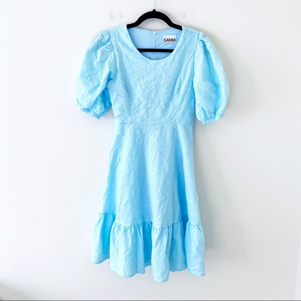 GANNI Blue Floral Jacquard Puff Sleeve Dress